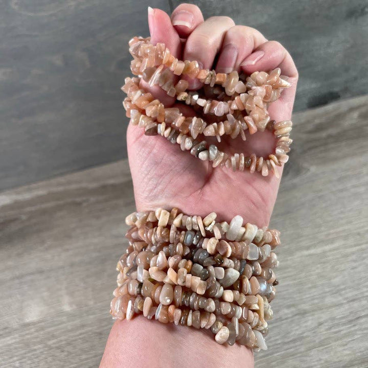 Healing Crystal Chip Bracelets with amethyst and rose quartz for coastal boho style