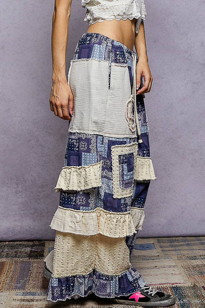 Twill Ruffle Printed Woven Wide Leg Pants in breezy coastal boho style