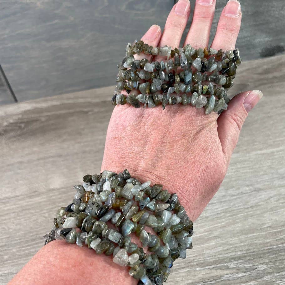 Healing Crystal Chip Bracelets with rose quartz and amethyst for coastal boho style