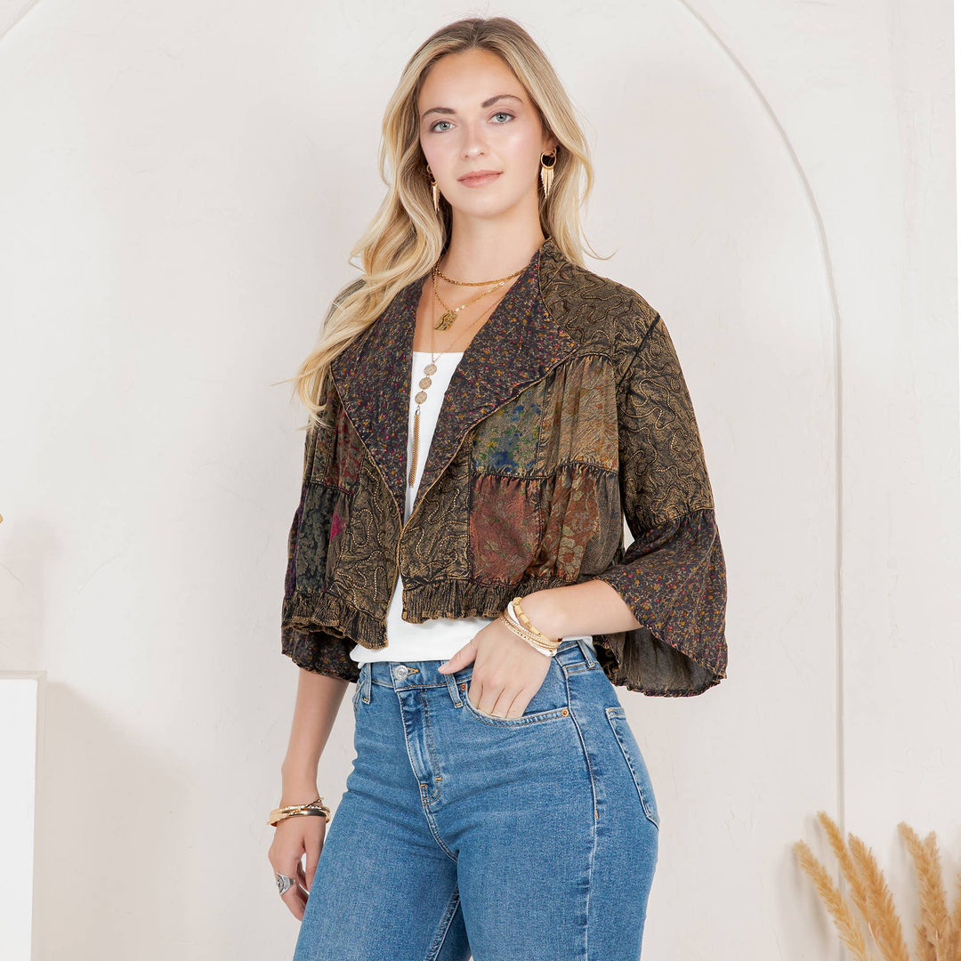 Lapel Detail Cropped Jacket with Handcrafted Embroidery