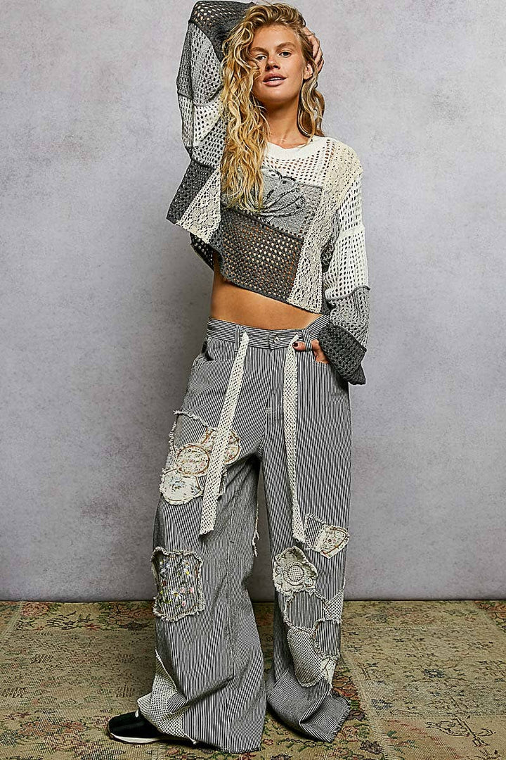Crochet Shell Patch Thin Sweater Cropped Top