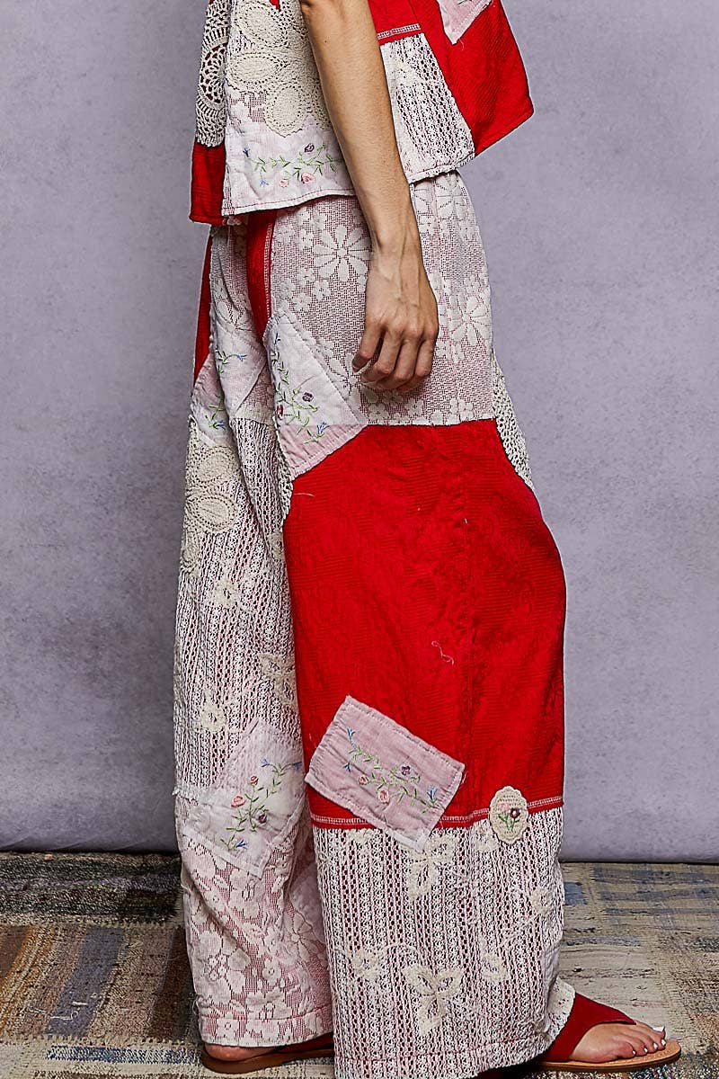 Lace Patch Detail Woven Pants with relaxed coastal boho fit and artisan lace trim