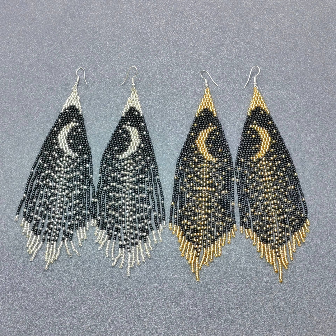 Star Moon Night Sky Seed Beads Tassel Earrings with celestial boho coastal charm