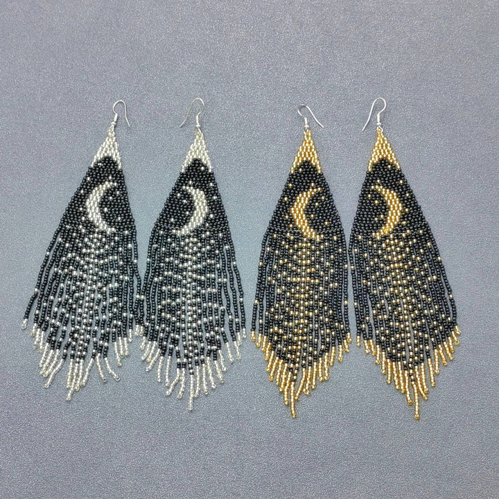 Star Moon Night Sky Seed Beads Tassel Earrings with celestial boho coastal charm