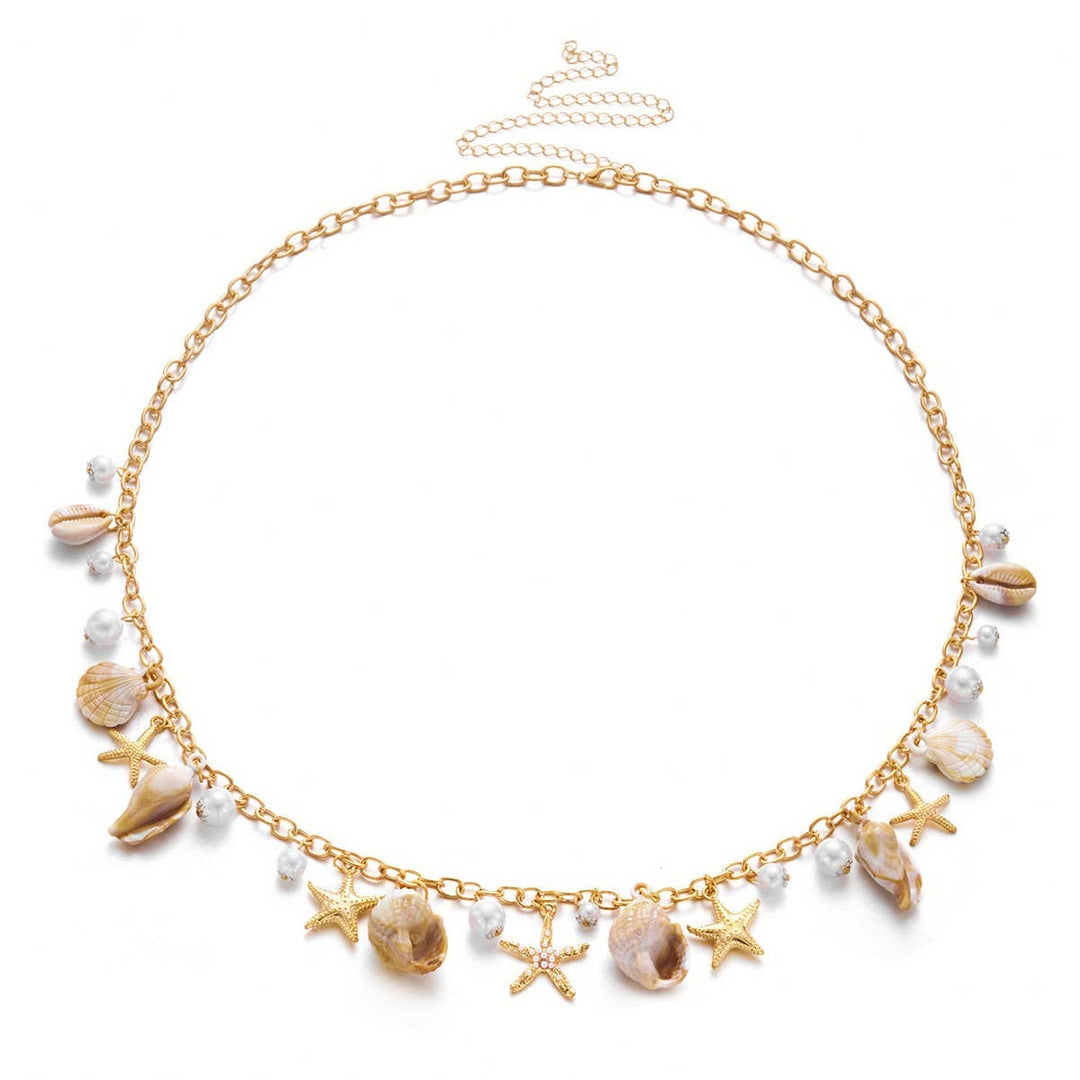 Boho pearl shell starfish beach body chain with layered coastal hippie charm