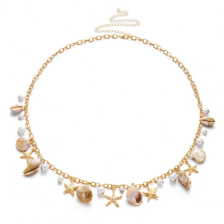 Boho pearl shell starfish beach body chain with layered coastal hippie charm