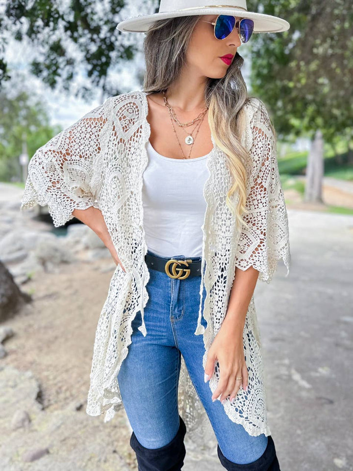 Boho open front high-low crochet cardigan perfect for coastal layering and beach days