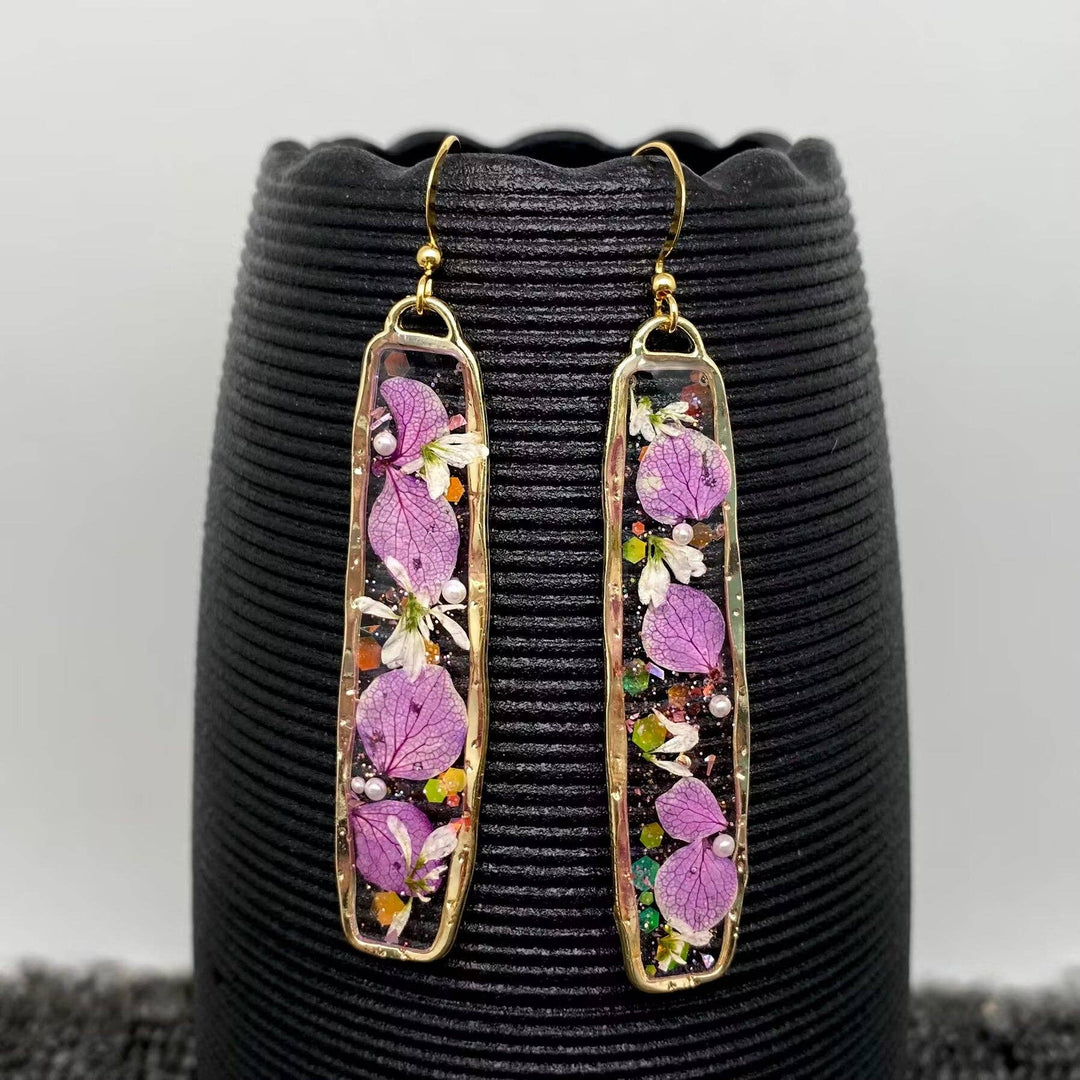 Pink Hydrangea Dried Flower Rectangular Earrings handcrafted for coastal bohemian style