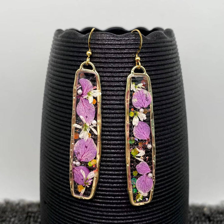 Pink Hydrangea Dried Flower Rectangular Earrings handcrafted for coastal bohemian style