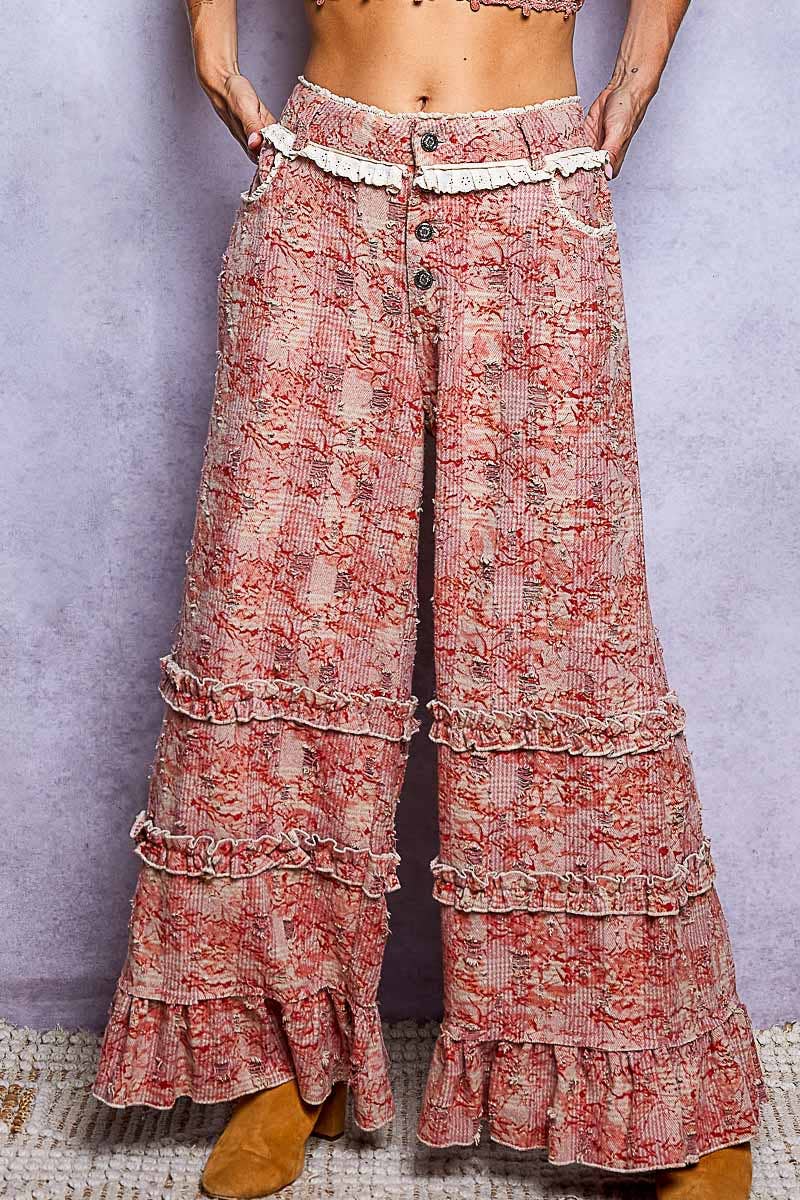 Vintage Distressed Plaid Ruffle Hem High Rise Wide Leg Pants