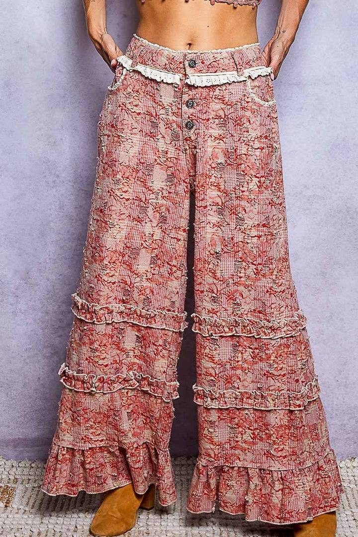 Vintage Distressed Plaid Ruffle Hem High Rise Wide Leg Pants