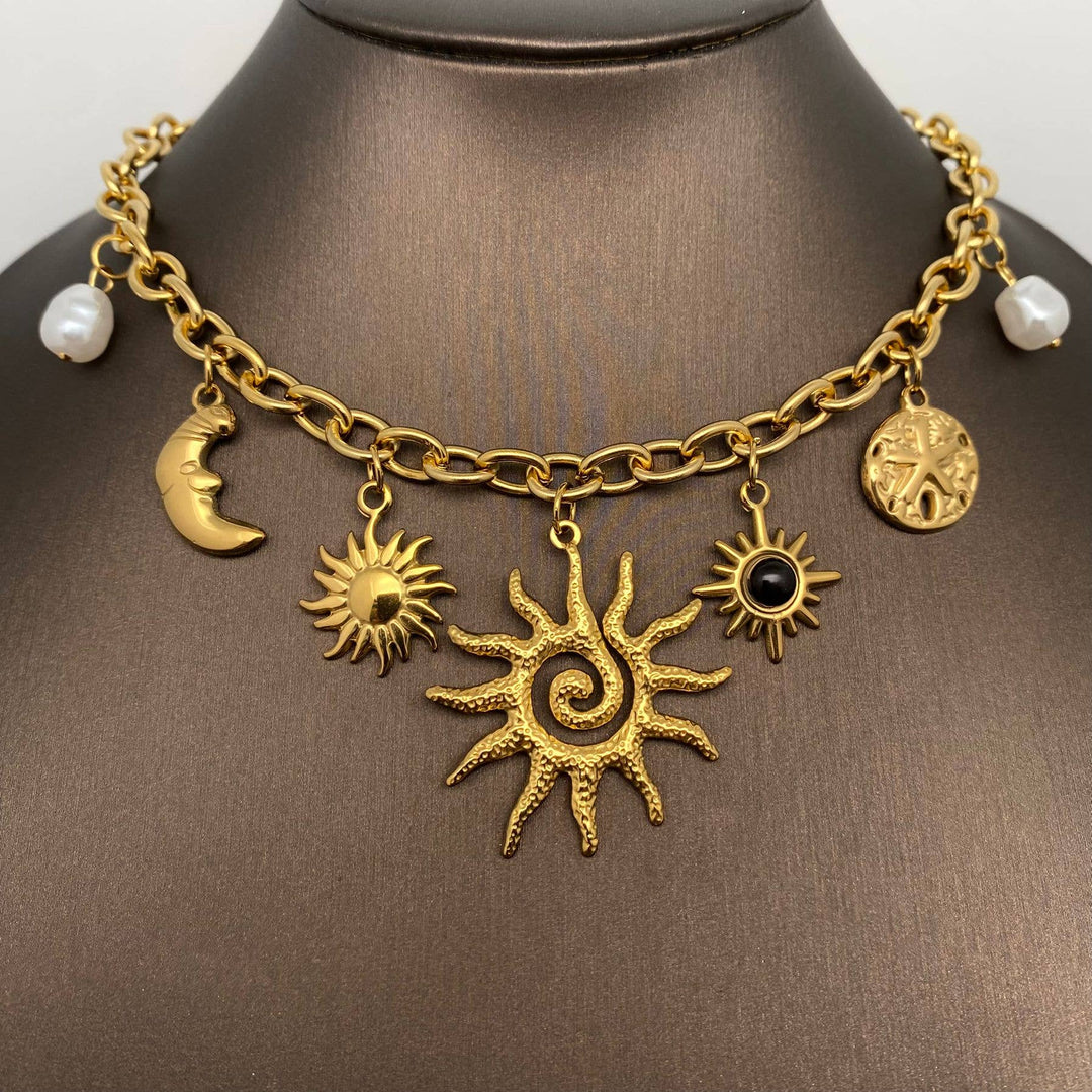 Sun Moon Star 18K Gold Plated SS Necklace