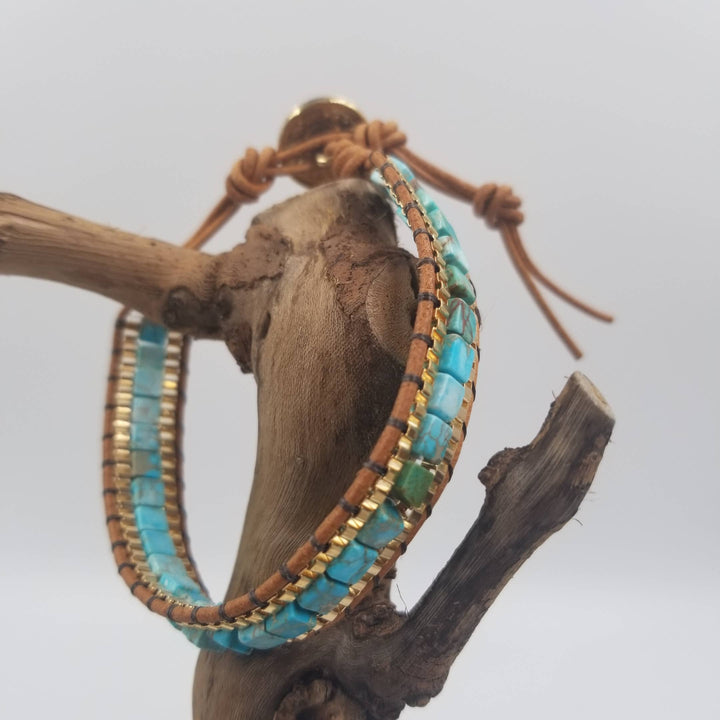 Hand Woven Natural Square Stone Leather Bracelet - Turquoise