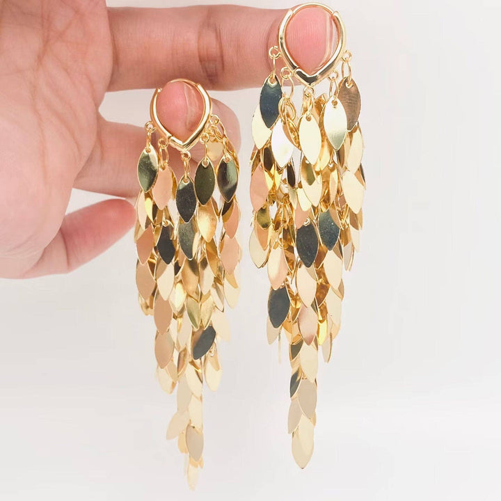 18K Gold Plated Wheat Ear Sequin Tassel Huggie Earrings