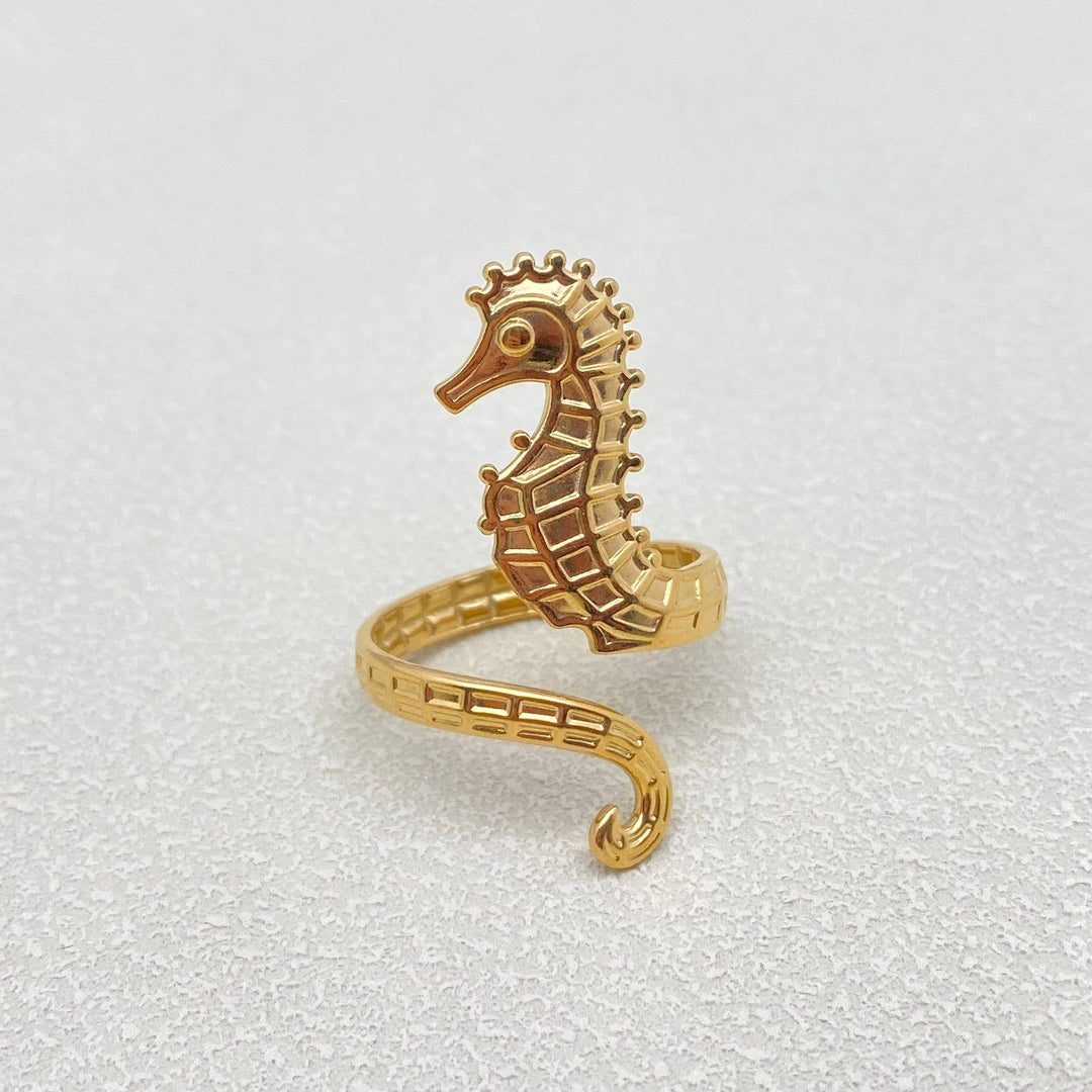 Seahorse 18K gold plated stainless steel ring for coastal boho beach lovers