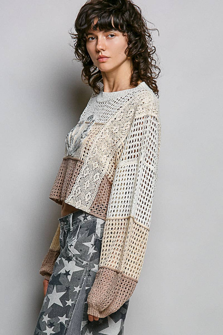 Crochet Shell Patch Thin Sweater Cropped Top