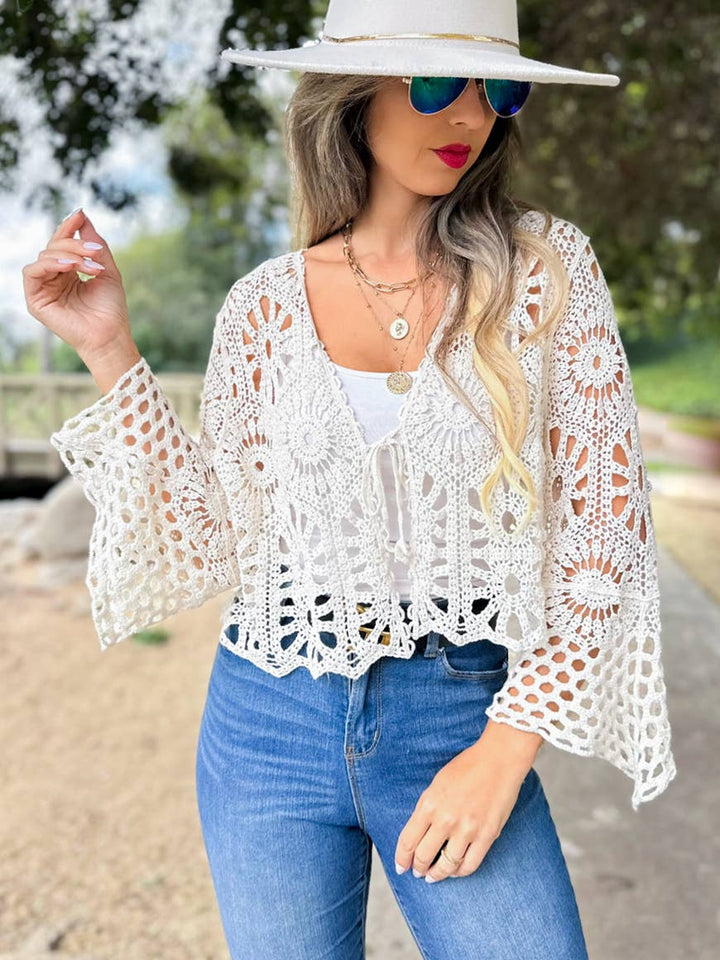 Ivory Floral Open Front Long Sleeve Crochet Cardigan for coastal boho style