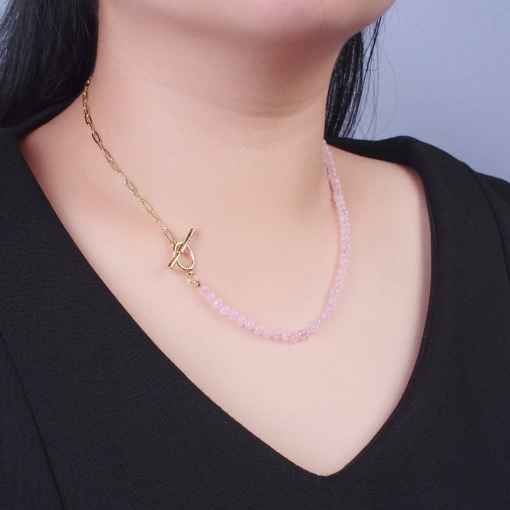 Dainty half bead half link 24k gold filled paperclip chain necklace with rose quartz