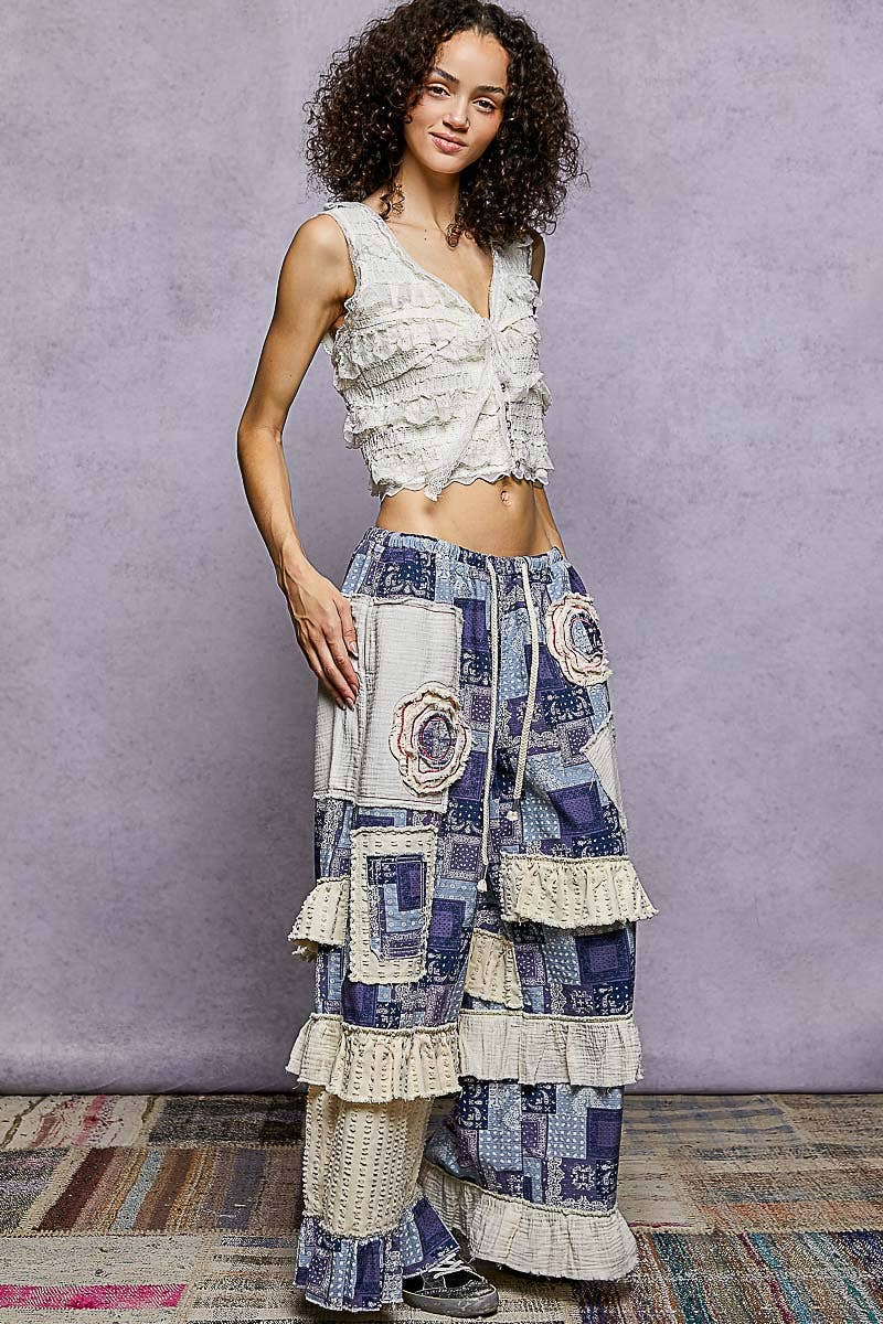Twill Ruffle Printed Woven Wide Leg Pants with flowing boho coastal style