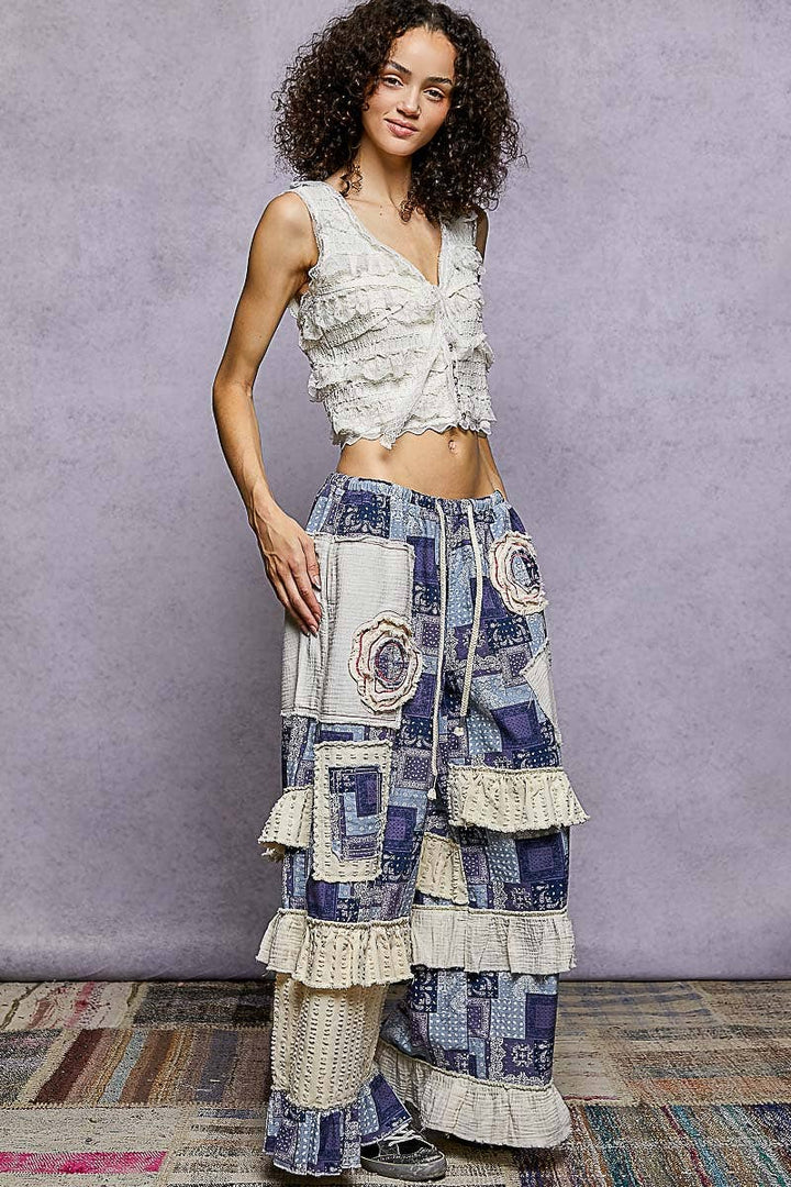 Twill Ruffle Printed Woven Wide Leg Pants with flowing boho coastal style