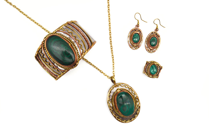 Mixed Metal and Malachite Stone Bracelet handcrafted boho coastal healing cuff jewelry