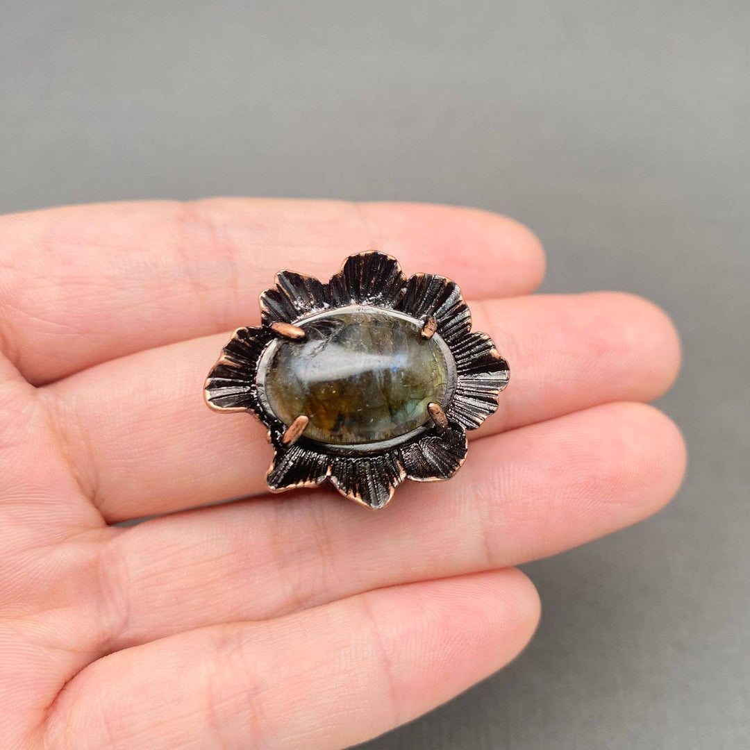 Vintage Labradorite Bronze Flower Shape Ring with earthy boho coastal charm