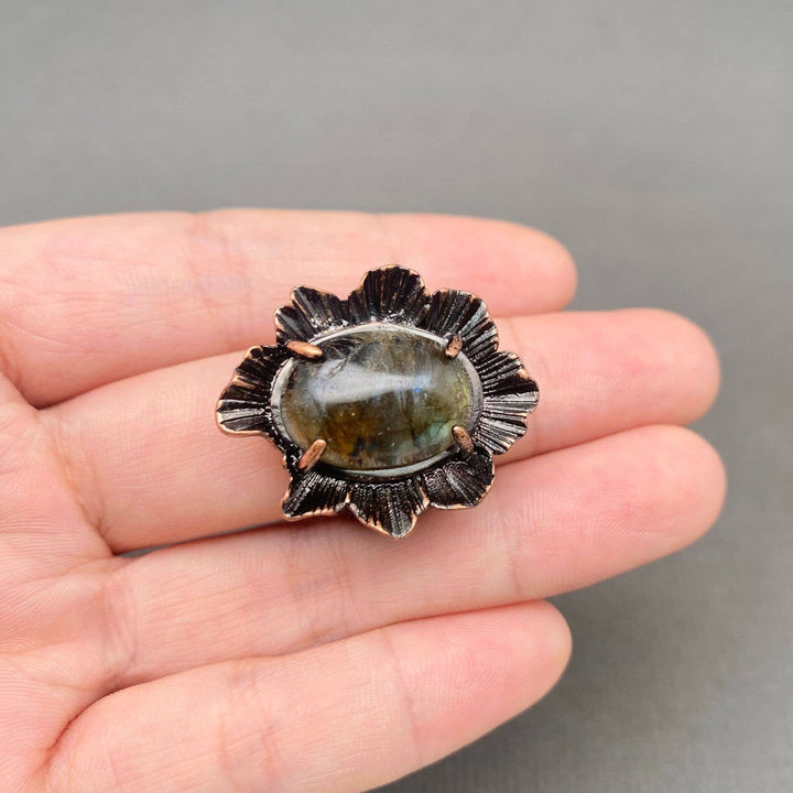 Vintage Labradorite Bronze Flower Shape Ring with earthy boho coastal charm