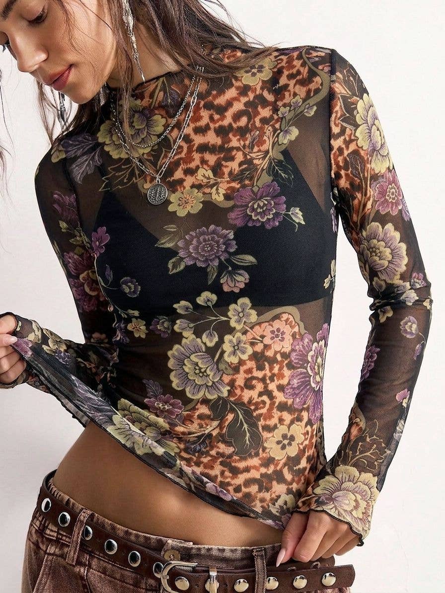 Vintage Floral Print Mesh Long Sleeve Slim Fit Top