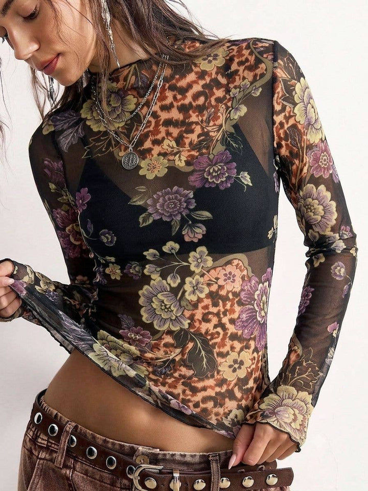 Vintage Floral Print Mesh Long Sleeve Slim Fit Top