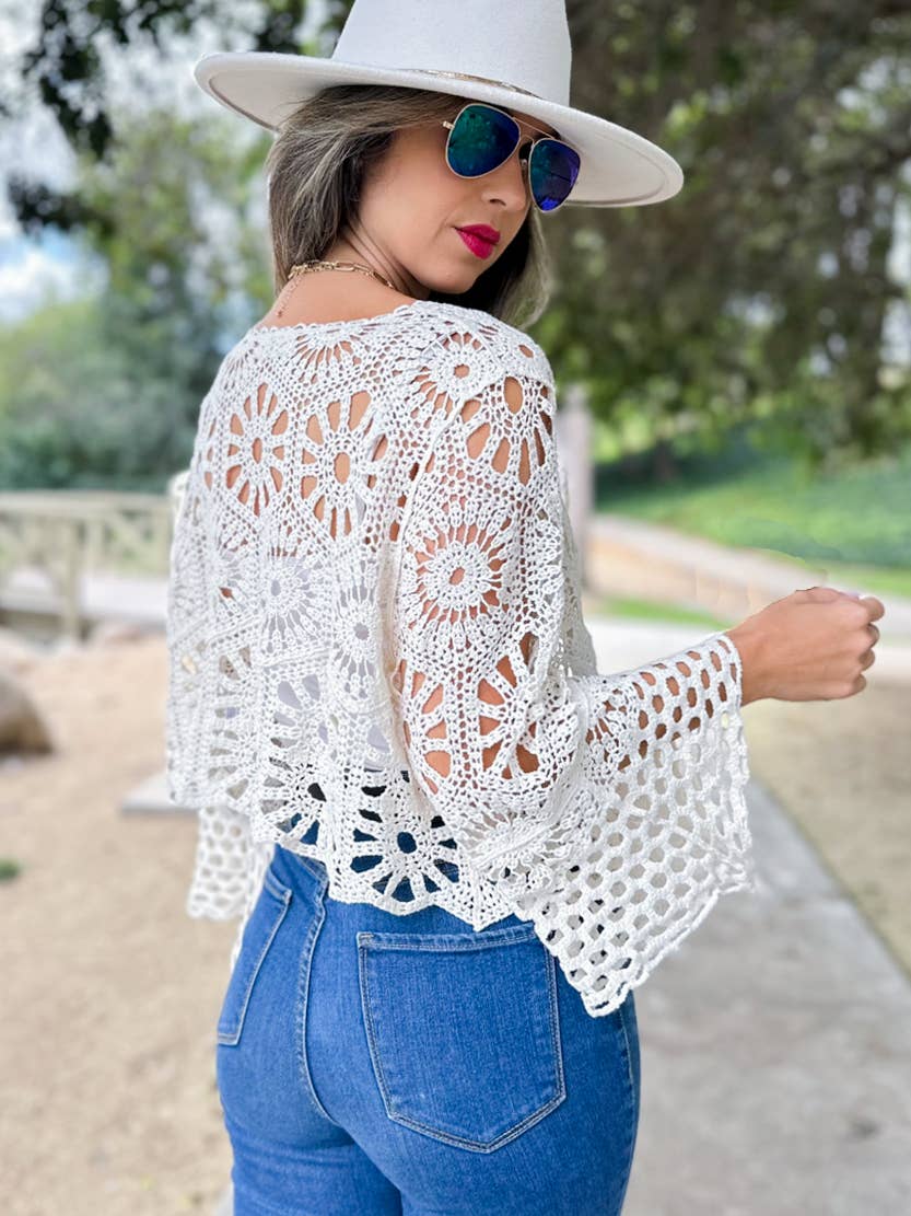 Ivory floral open front long sleeve crochet cardigan for coastal bohemian style