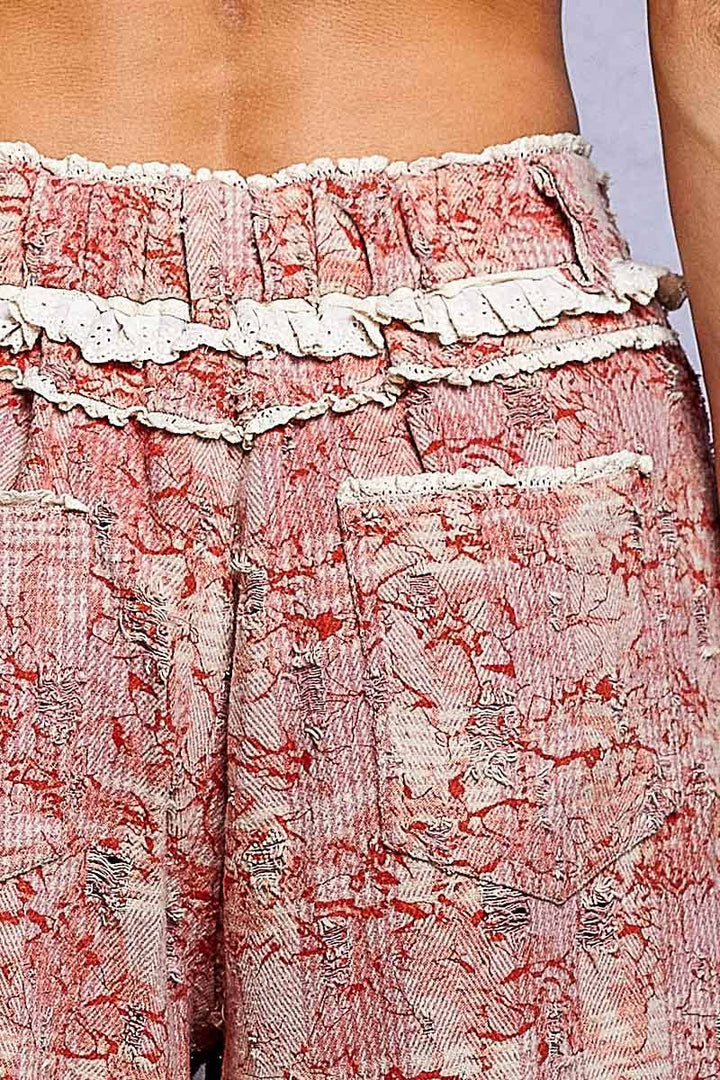 Vintage Distressed Plaid Ruffle Hem High Rise Wide Leg Pants