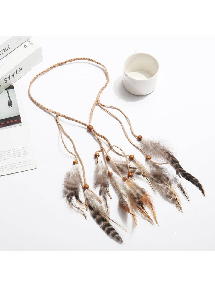 Boho Soft Feather Drop Hair Headpiece in beige for coastal festival bridal style