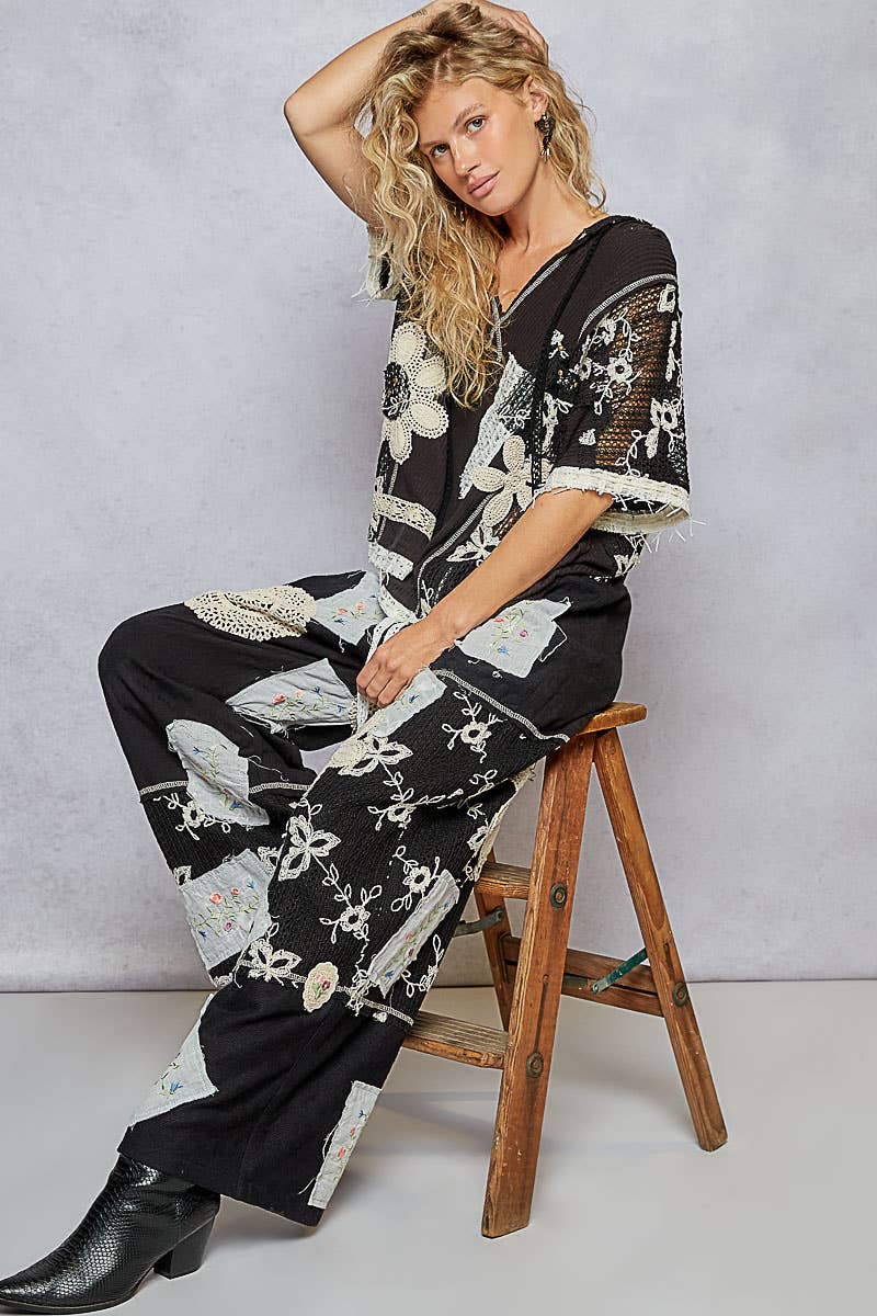 Lace Patch Detail Woven Pants