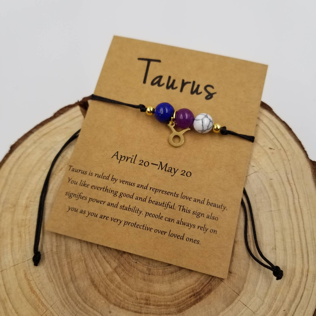 Chakra Zodiac Bracelet with charm and card featuring constellation and healing stone beads
