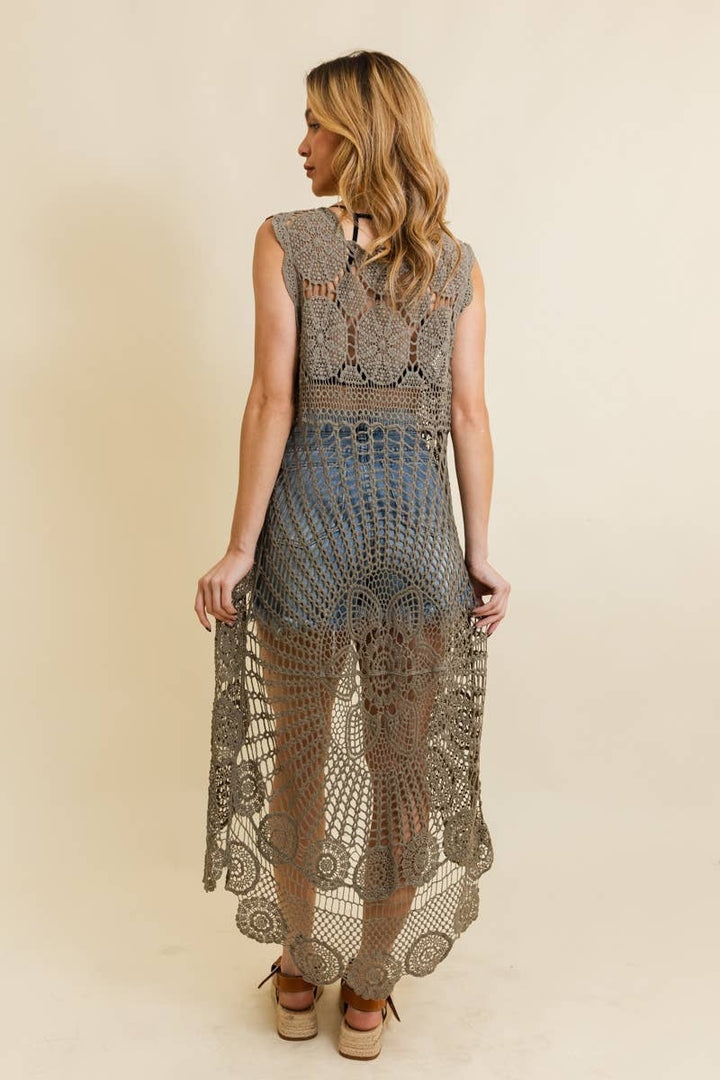 Boho Crochet Lace Trim Long Back Vest for coastal layering and free spirit style