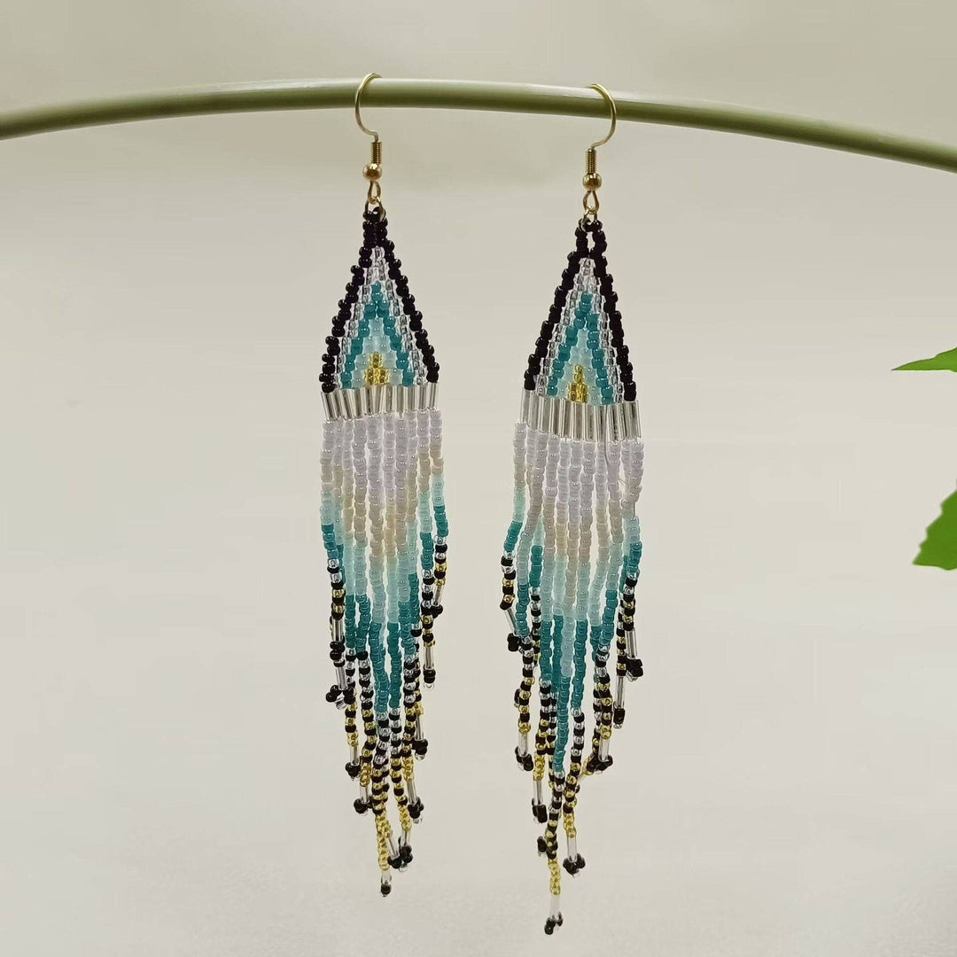 Bohemian Long Seed Bead Fringe Earrings in glass and gold tone coastal boho style