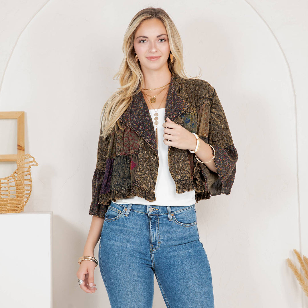 Lapel Detail Cropped Jacket with Handcrafted Embroidery