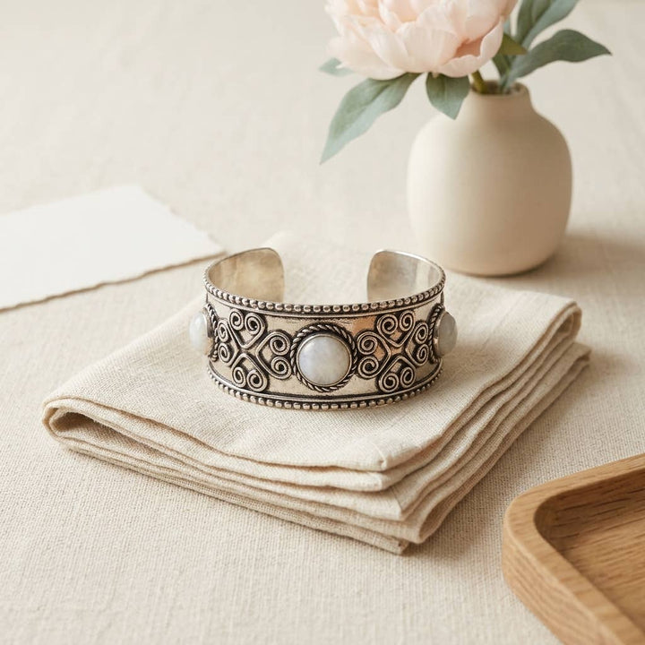 Handcrafted Kashi Antique SilverCuff with three Moonstones