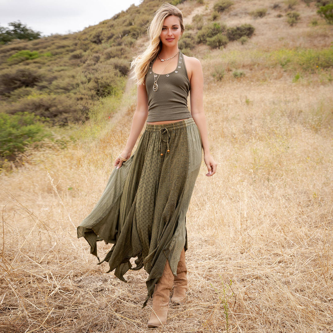 Boho Handkerchief Hem Patchwork Maxi Skirt