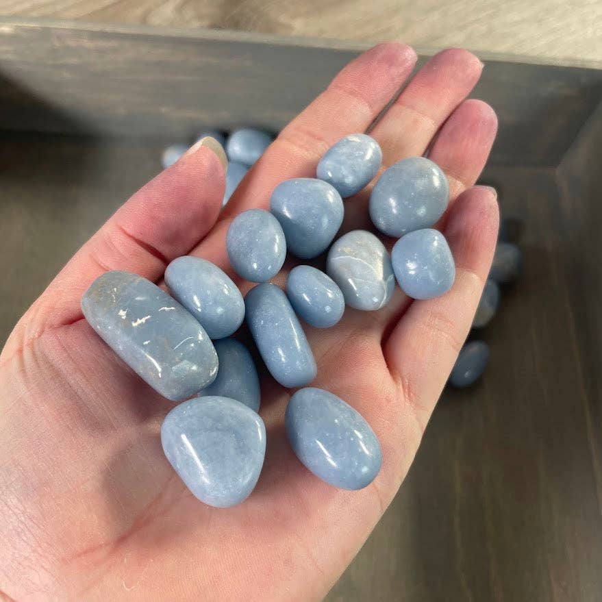 Angelite tumbled stones soft blue healing crystals bulk wholesale coastal boho collection