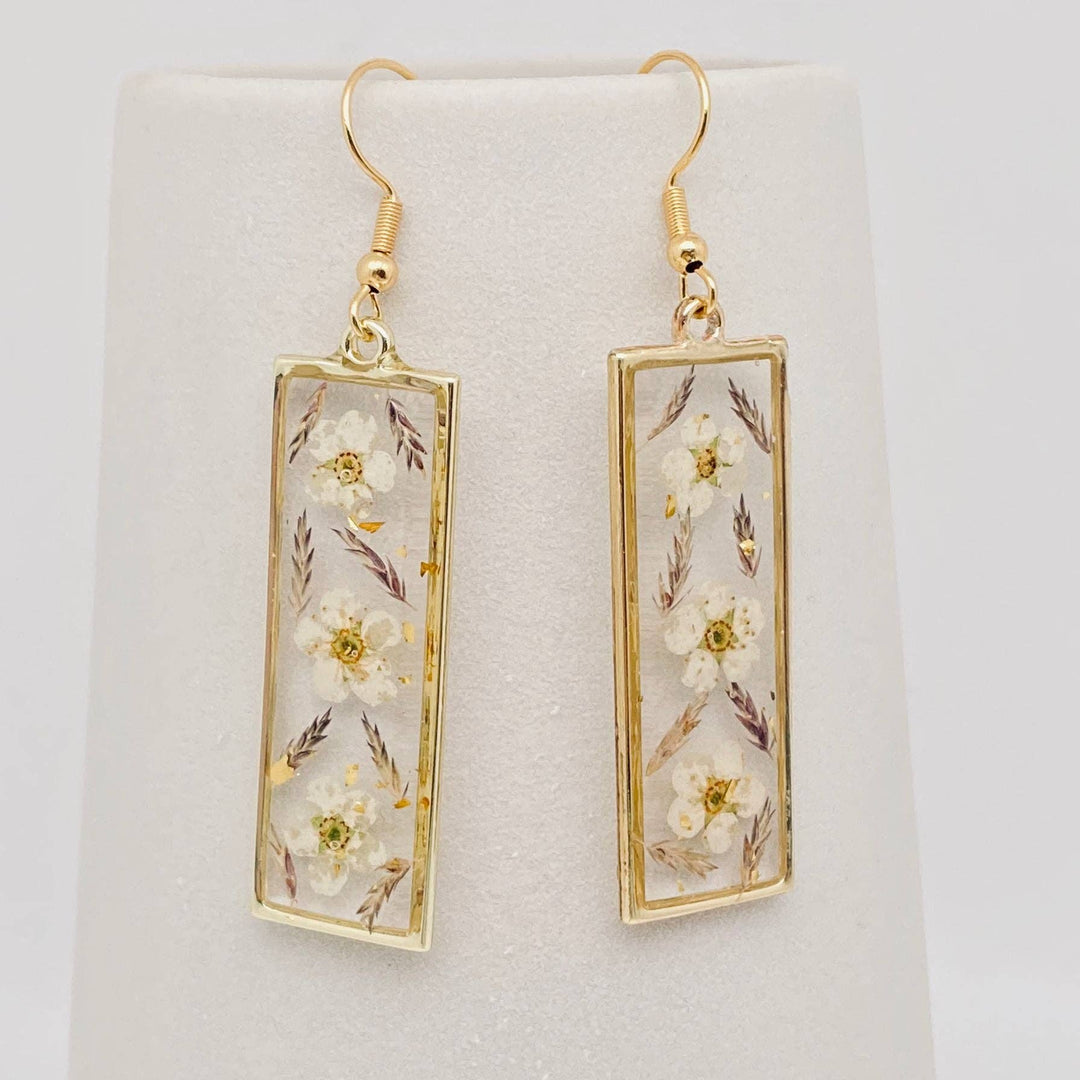 Daffodil pressed dried flower cuboid earrings handcrafted for a coastal bohemian spirit