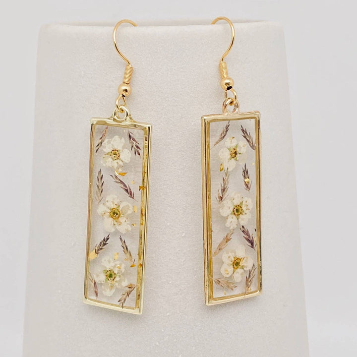 Daffodil pressed dried flower cuboid earrings handcrafted for a coastal bohemian spirit