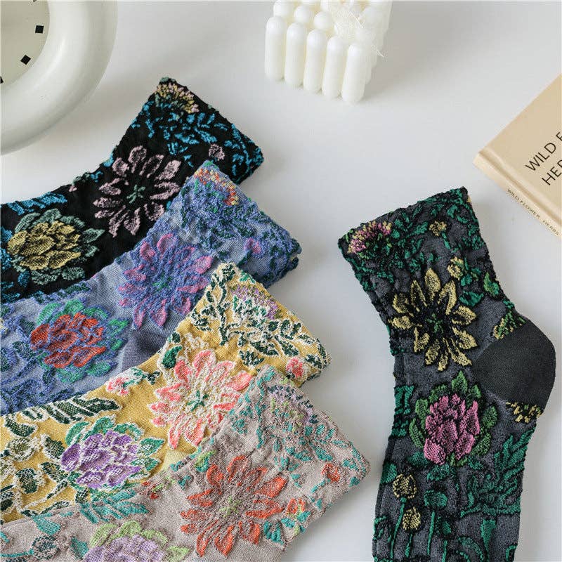 Retro Flower Pattern Mid-Calf Socks 5-Pack with vintage floral boho coastal style