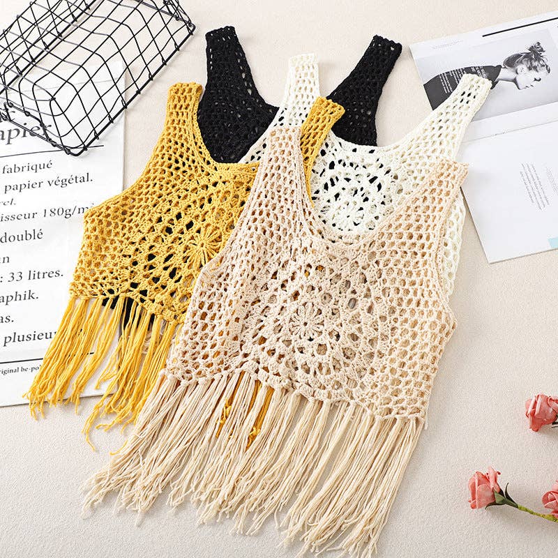 Vintage Bohemian Crochet Fringe Tank Top for effortless coastal boho summer style