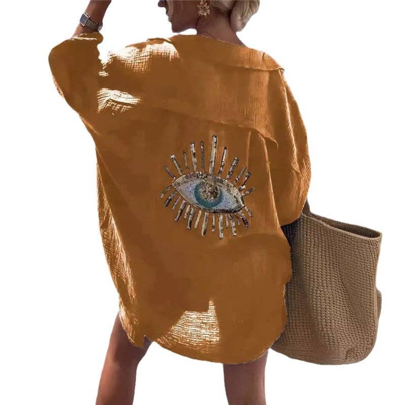 Evil Eye Solid Color Collar Long Sleeve Blouse with loose boho coastal fit