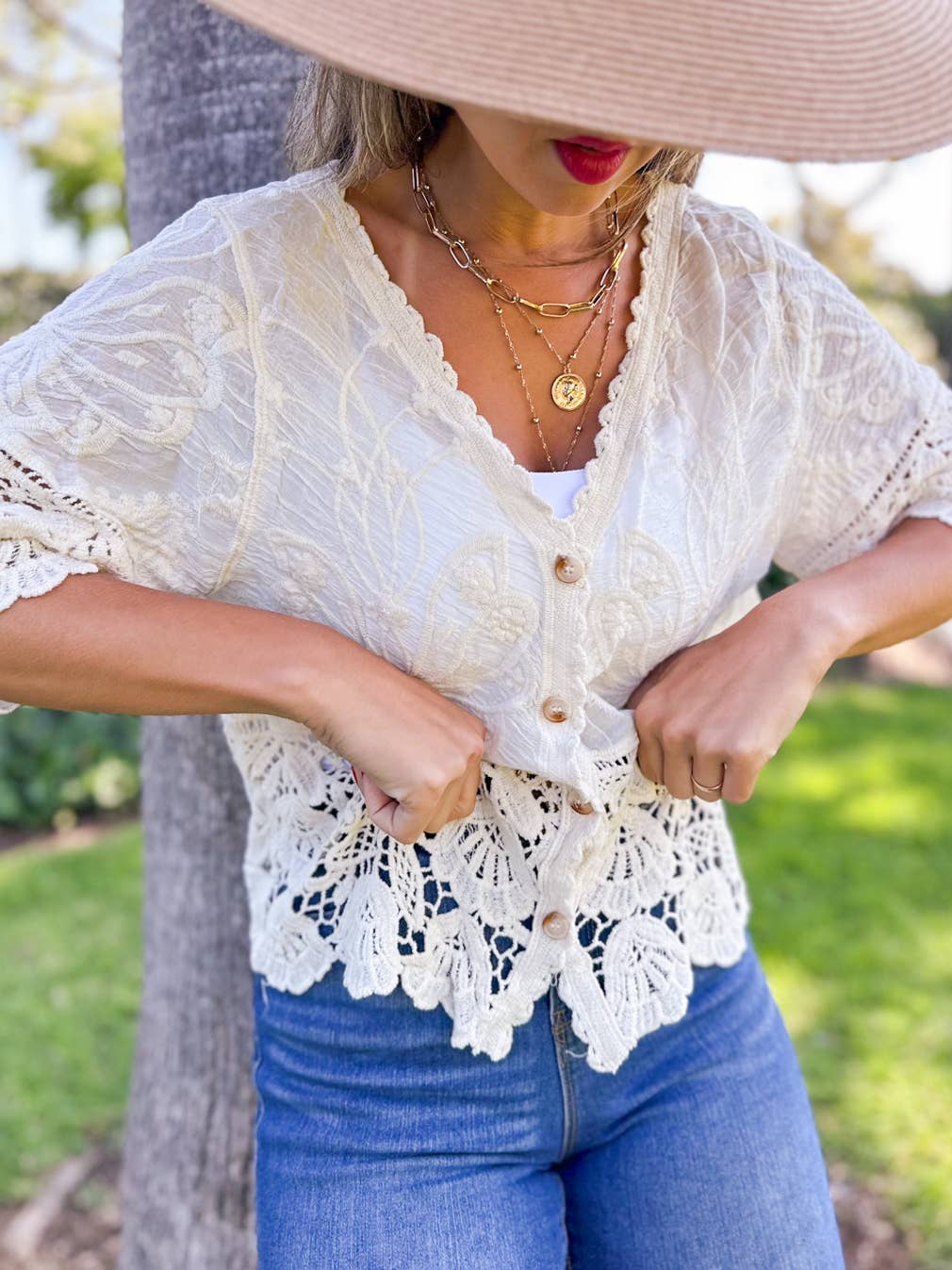 Boho Floral Lace Short Sleeve Crochet Button Cardigan