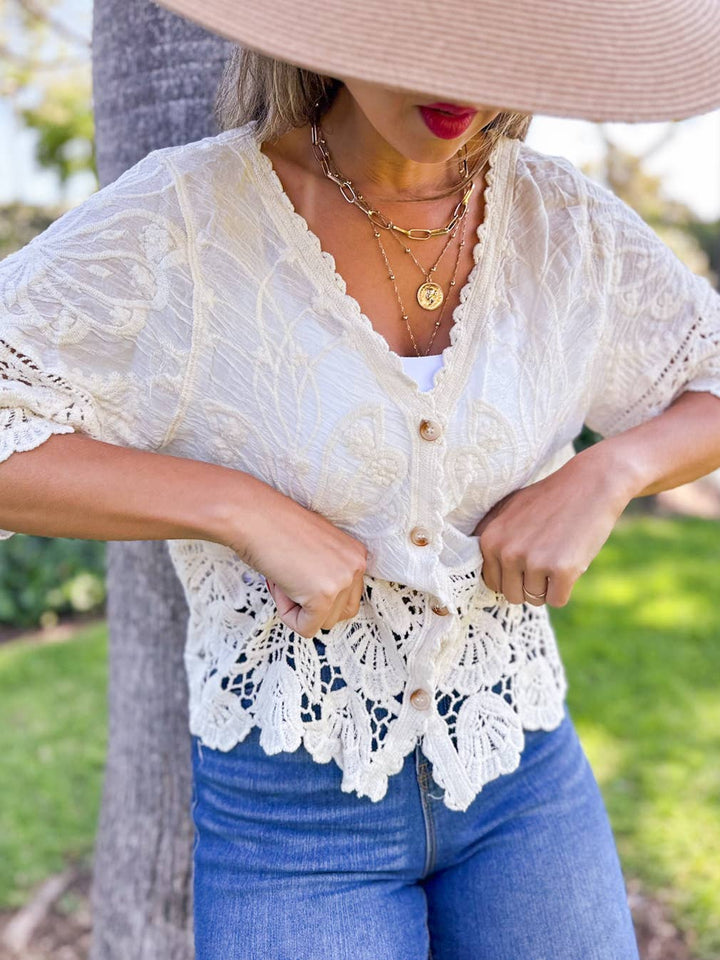 Boho Floral Lace Short Sleeve Crochet Button Cardigan