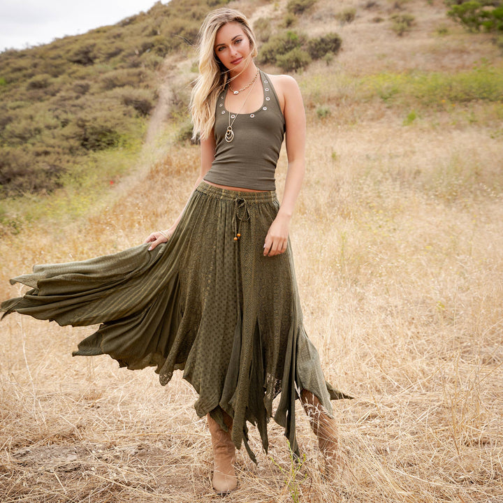 Boho Handkerchief Hem Patchwork Maxi Skirt