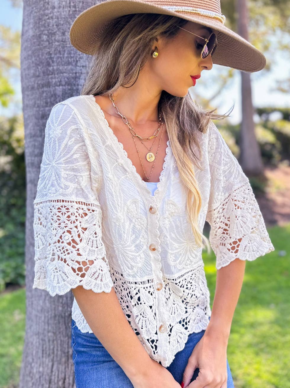 Boho Floral Lace Short Sleeve Crochet Button Cardigan