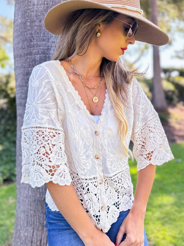 Boho Floral Lace Short Sleeve Crochet Button Cardigan